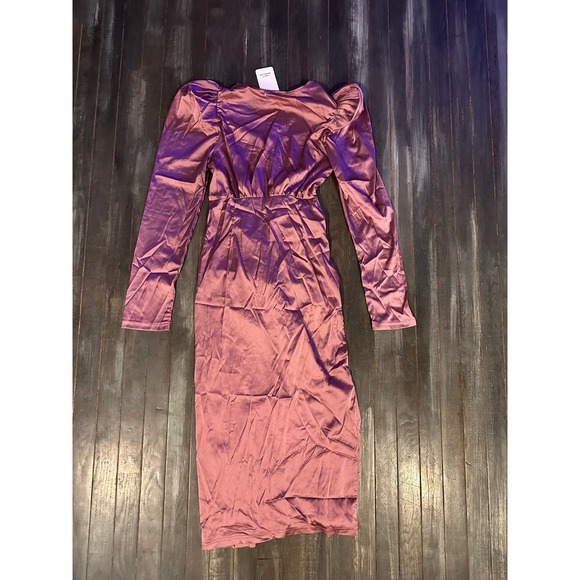 SHEIN Mauve Satin Puff Sleeve Ruched Wrap Midi Dress Purple Long Sleeve New - Picture 5 of 5